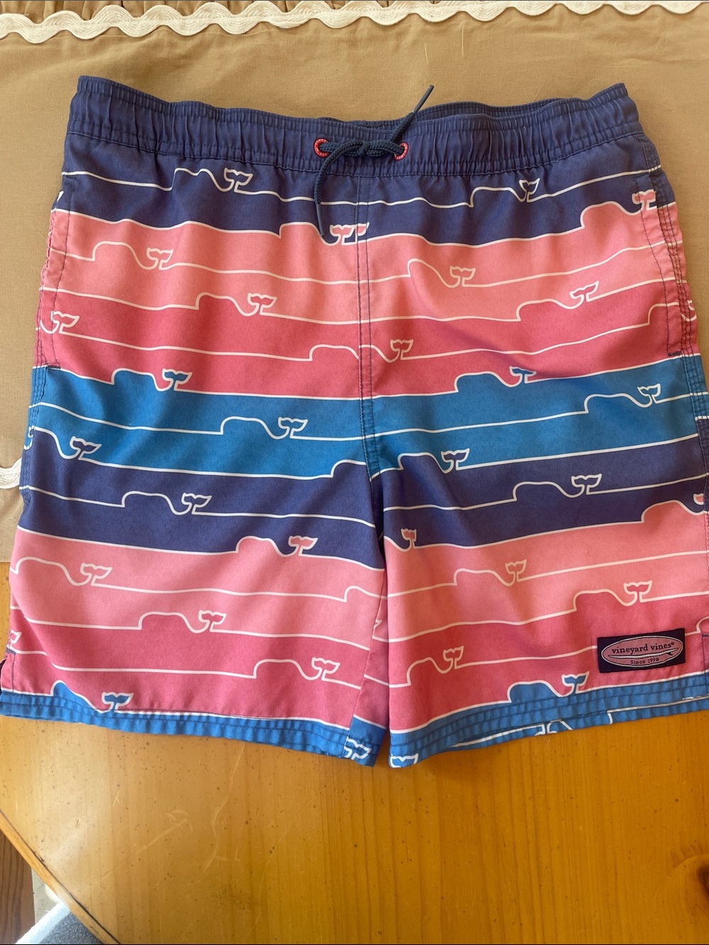 Vineyard Vines Pink & Blue Striped Whale Board Shorts